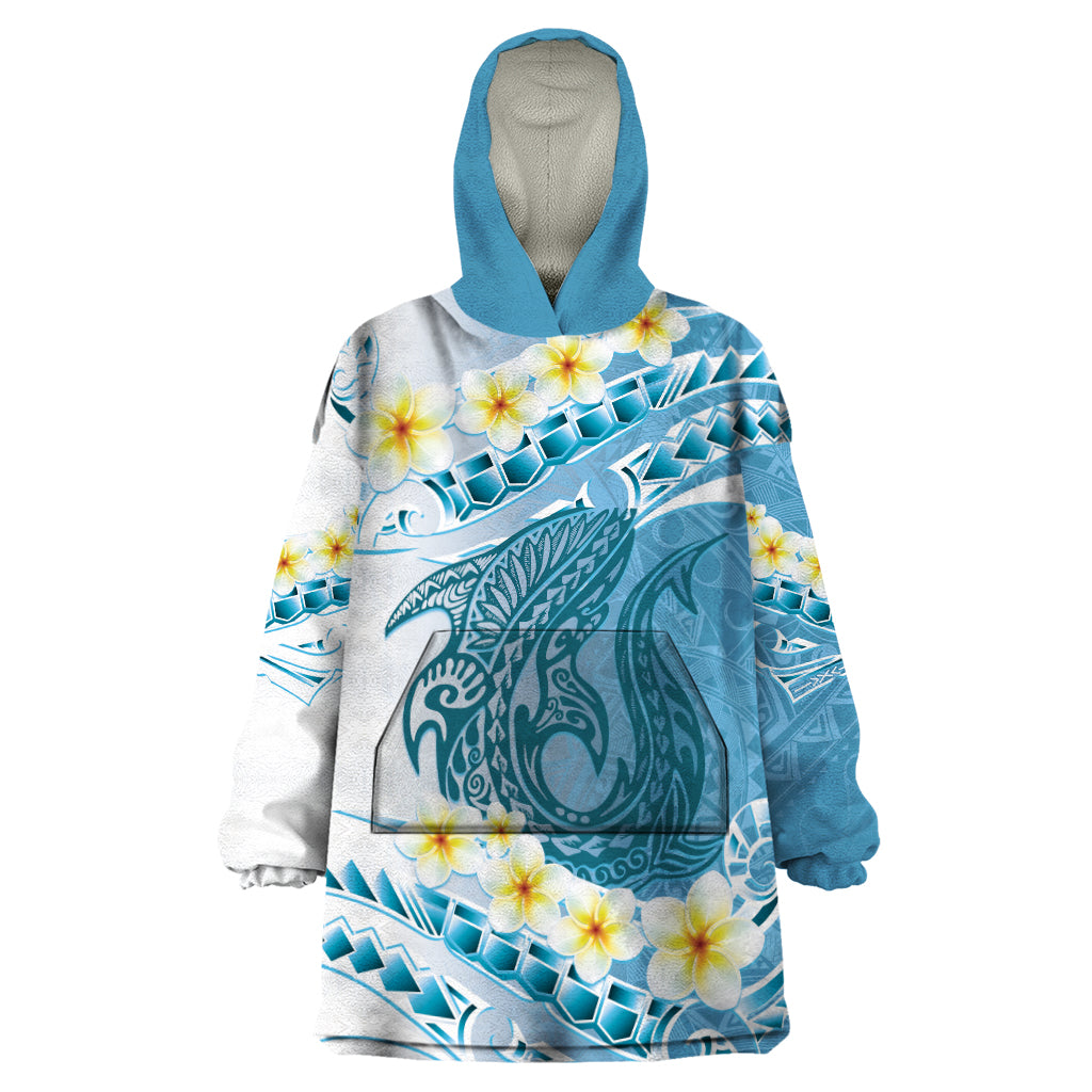 Blue Hawaii Shark Tattoo Wearable Blanket Hoodie Frangipani With Polynesian Pastel Version LT14 One Size Blue - Polynesian Pride