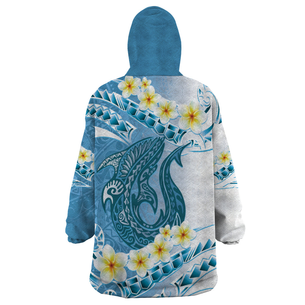 Blue Hawaii Shark Tattoo Wearable Blanket Hoodie Frangipani With Polynesian Pastel Version LT14 - Polynesian Pride