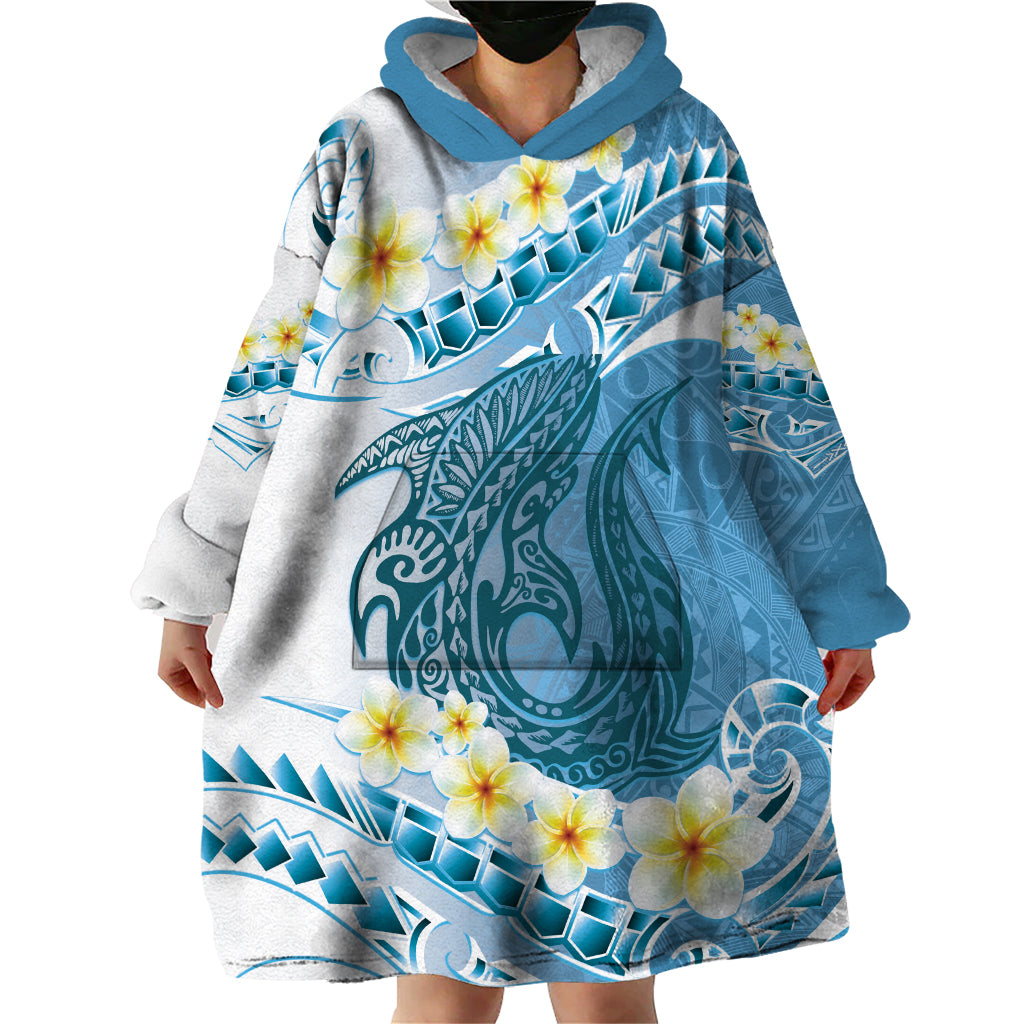 Blue Hawaii Shark Tattoo Wearable Blanket Hoodie Frangipani With Polynesian Pastel Version LT14 - Polynesian Pride