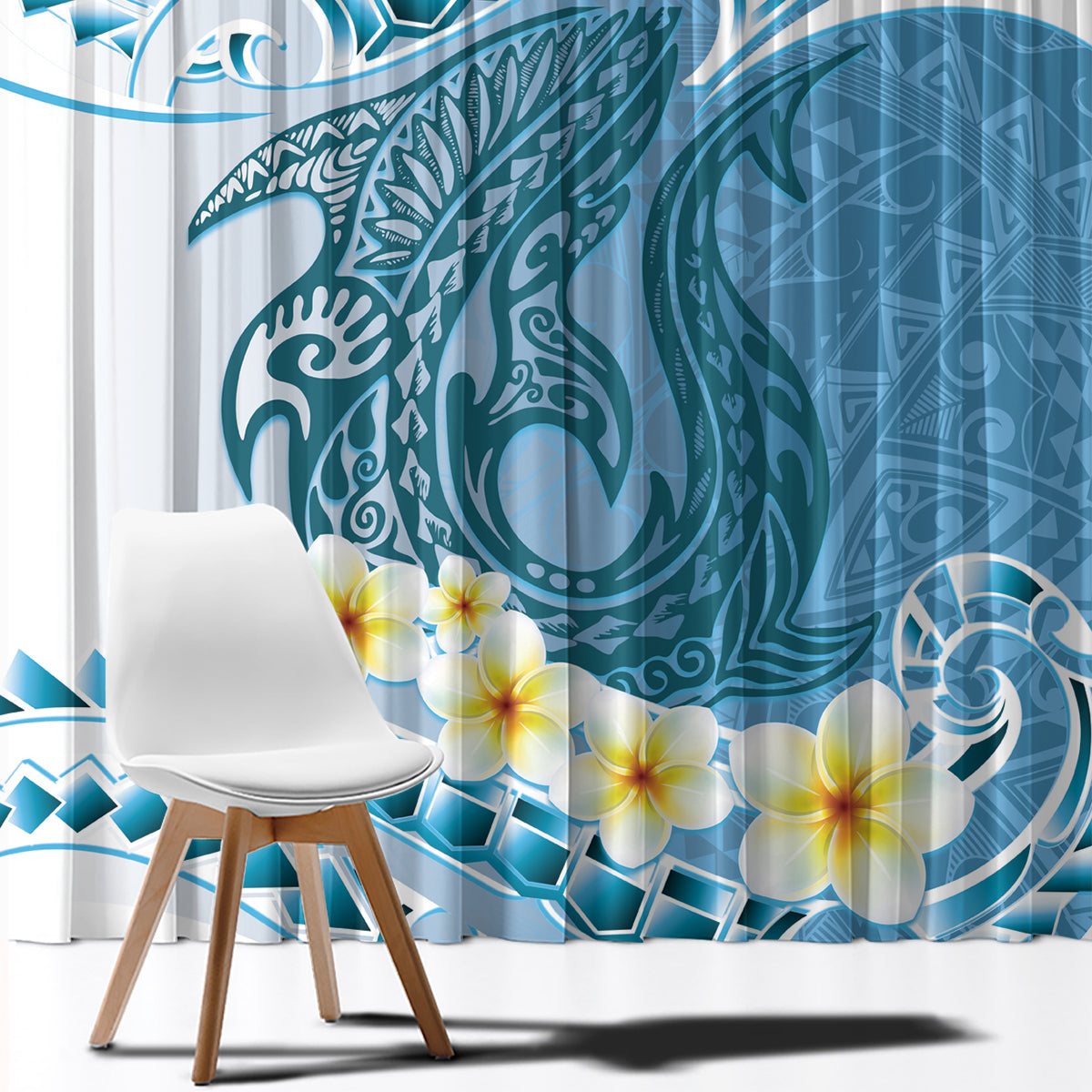 Blue Hawaii Shark Tattoo Window Curtain Frangipani With Polynesian Pastel Version