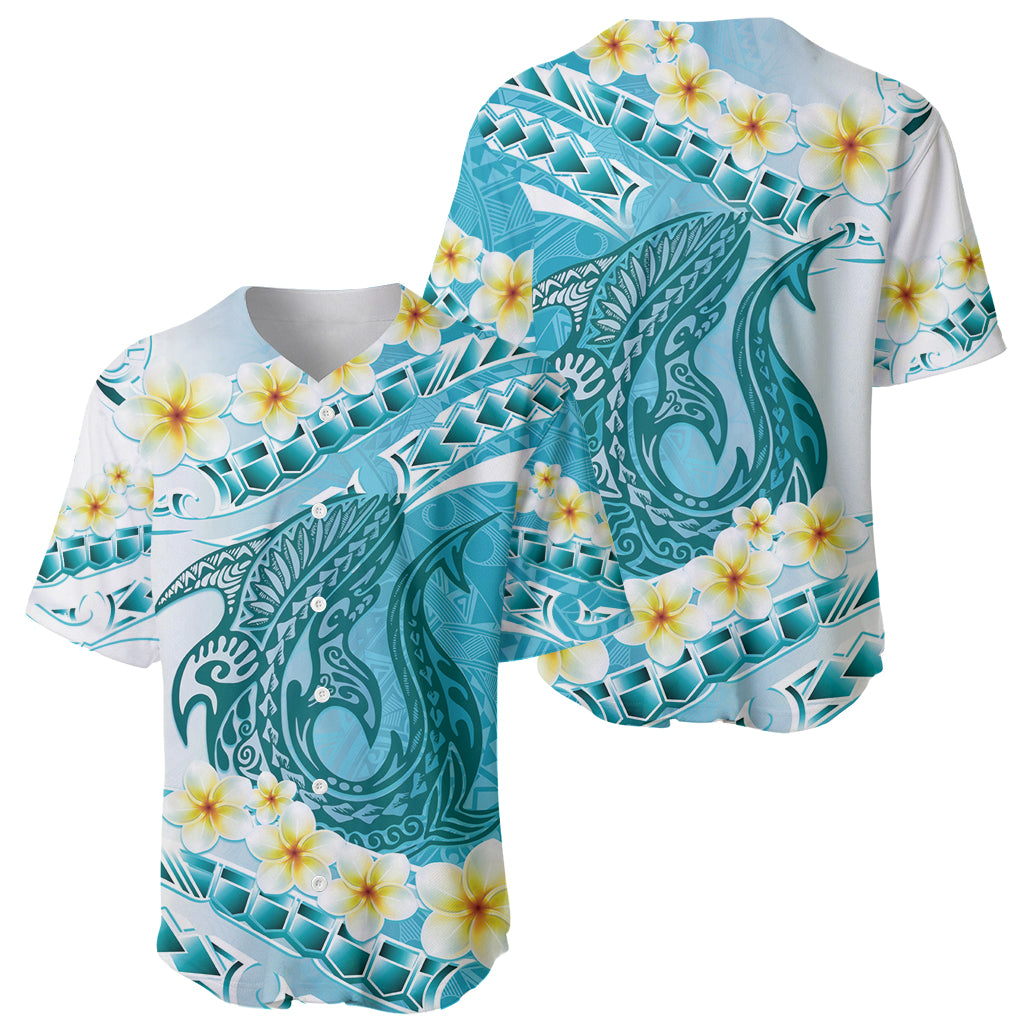 Turquoise Hawaii Shark Tattoo Baseball Jersey Frangipani With Polynesian Pastel Version LT14 - Polynesian Pride