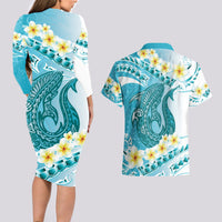 Turquoise Hawaii Shark Tattoo Couples Matching Long Sleeve Bodycon Dress and Hawaiian Shirt Frangipani With Polynesian Pastel Version LT14 - Polynesian Pride
