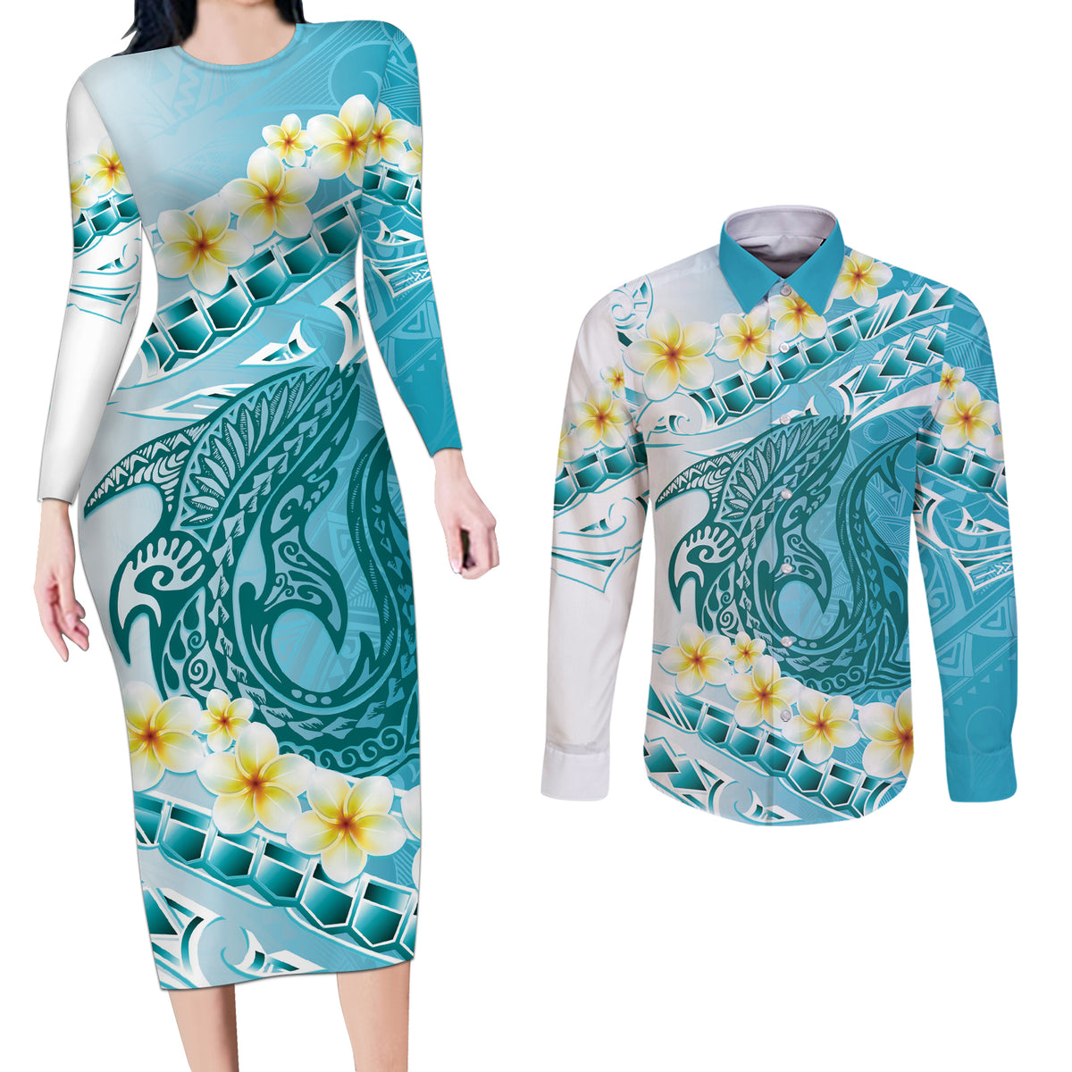 Turquoise Hawaii Shark Tattoo Couples Matching Long Sleeve Bodycon Dress and Long Sleeve Button Shirt Frangipani With Polynesian Pastel Version LT14 Turquoise - Polynesian Pride