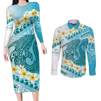 Turquoise Hawaii Shark Tattoo Couples Matching Long Sleeve Bodycon Dress and Long Sleeve Button Shirt Frangipani With Polynesian Pastel Version LT14 Turquoise - Polynesian Pride