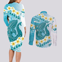 Turquoise Hawaii Shark Tattoo Couples Matching Long Sleeve Bodycon Dress and Long Sleeve Button Shirt Frangipani With Polynesian Pastel Version LT14 - Polynesian Pride