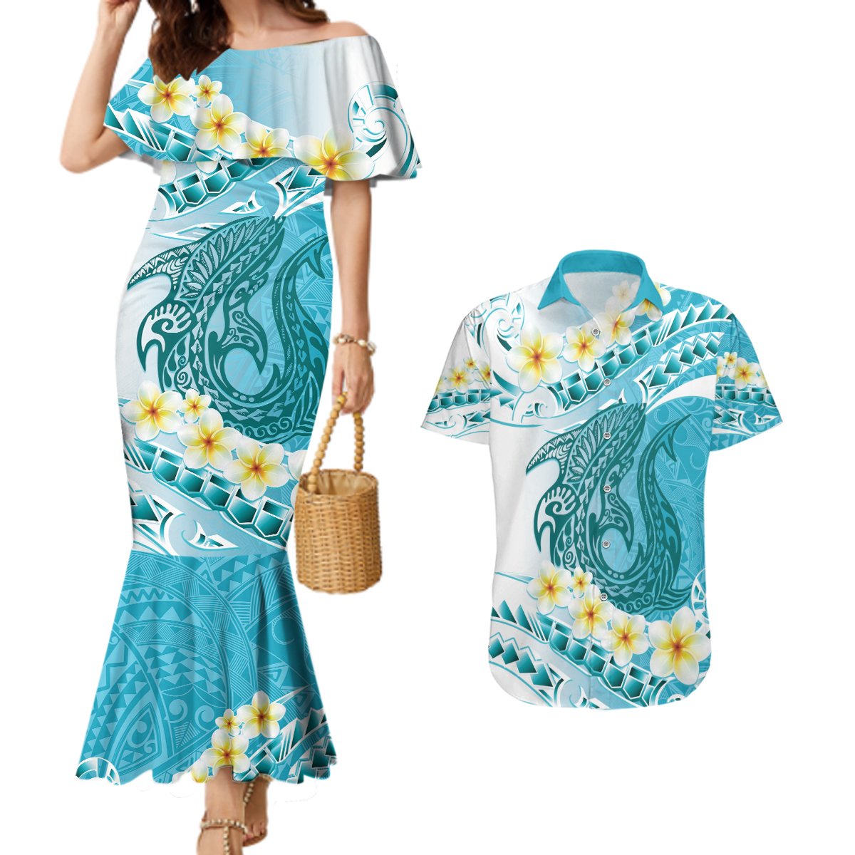 Turquoise Hawaii Shark Tattoo Couples Matching Mermaid Dress and Hawaiian Shirt Frangipani With Polynesian Pastel Version LT14 Turquoise - Polynesian Pride