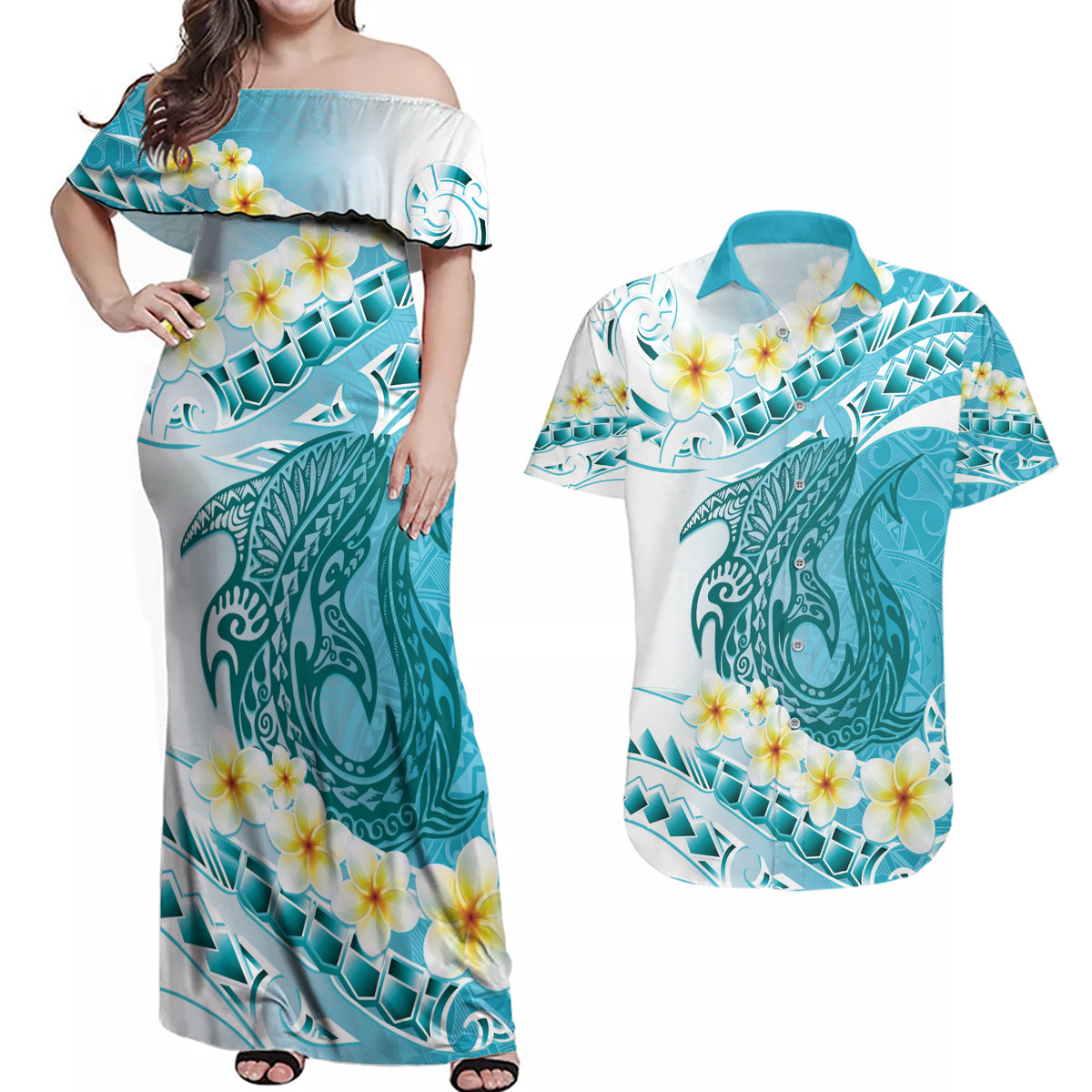Turquoise Hawaii Shark Tattoo Couples Matching Off Shoulder Maxi Dress and Hawaiian Shirt Frangipani With Polynesian Pastel Version LT14 Turquoise - Polynesian Pride