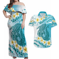Turquoise Hawaii Shark Tattoo Couples Matching Off Shoulder Maxi Dress and Hawaiian Shirt Frangipani With Polynesian Pastel Version LT14 Turquoise - Polynesian Pride