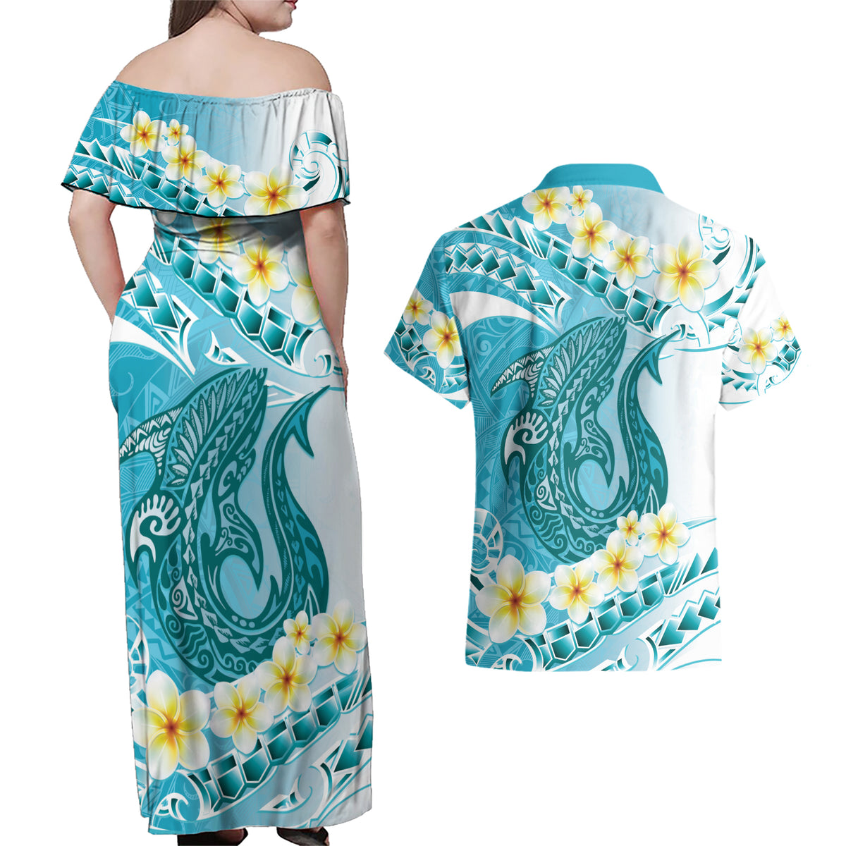 Turquoise Hawaii Shark Tattoo Couples Matching Off Shoulder Maxi Dress and Hawaiian Shirt Frangipani With Polynesian Pastel Version LT14 - Polynesian Pride