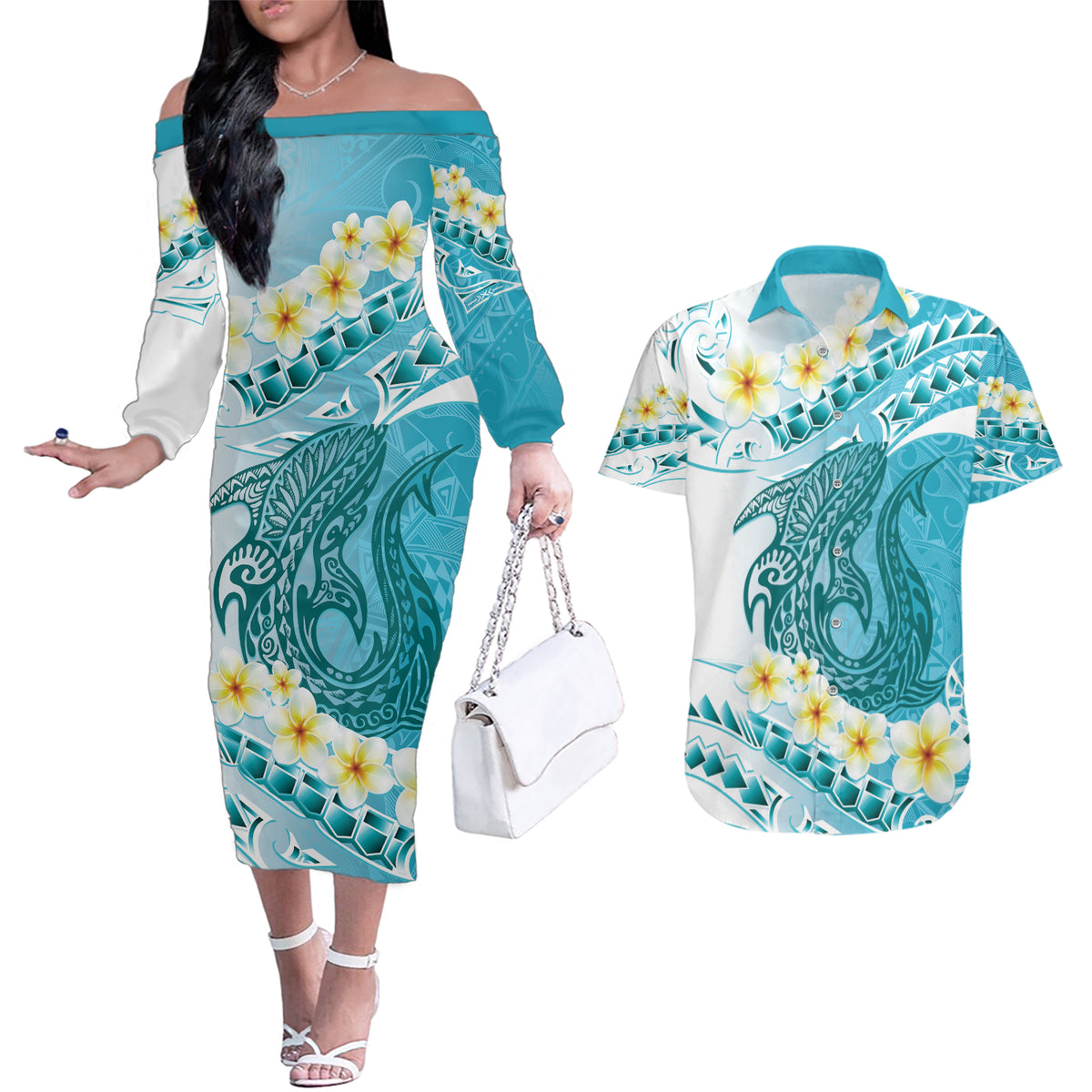 Turquoise Hawaii Shark Tattoo Couples Matching Off The Shoulder Long Sleeve Dress and Hawaiian Shirt Frangipani With Polynesian Pastel Version LT14 Turquoise - Polynesian Pride