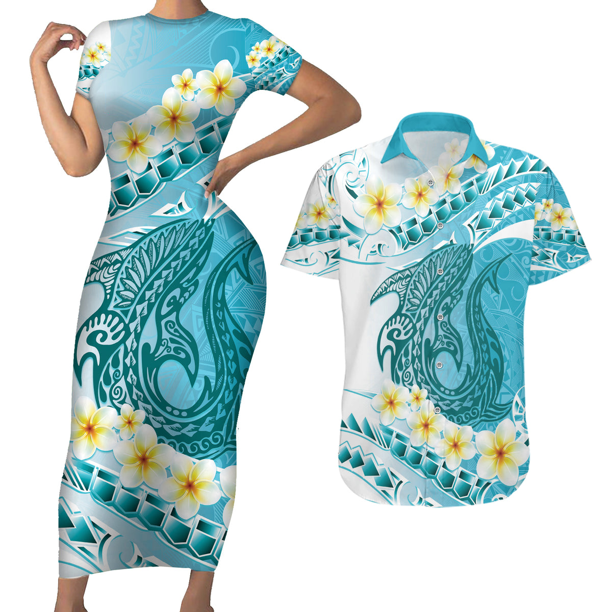 Turquoise Hawaii Shark Tattoo Couples Matching Short Sleeve Bodycon Dress and Hawaiian Shirt Frangipani With Polynesian Pastel Version LT14 Turquoise - Polynesian Pride