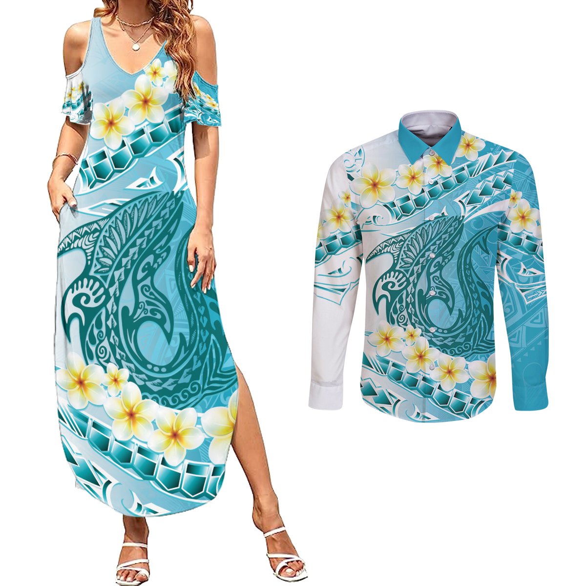 Turquoise Hawaii Shark Tattoo Couples Matching Summer Maxi Dress and Long Sleeve Button Shirt Frangipani With Polynesian Pastel Version