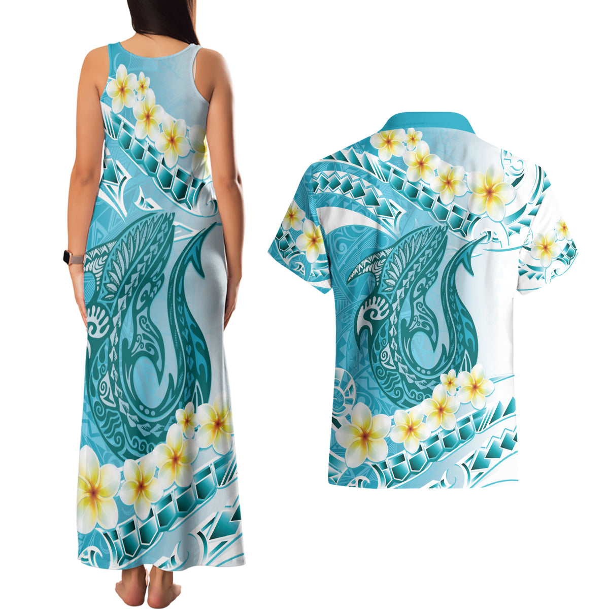Turquoise Hawaii Shark Tattoo Couples Matching Tank Maxi Dress and Hawaiian Shirt Frangipani With Polynesian Pastel Version LT14 - Polynesian Pride