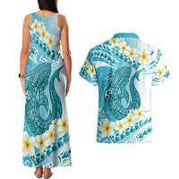 Turquoise Hawaii Shark Tattoo Couples Matching Tank Maxi Dress and Hawaiian Shirt Frangipani With Polynesian Pastel Version LT14 - Polynesian Pride