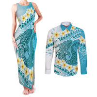 Turquoise Hawaii Shark Tattoo Couples Matching Tank Maxi Dress and Long Sleeve Button Shirt Frangipani With Polynesian Pastel Version LT14 Turquoise - Polynesian Pride