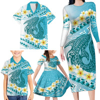 Turquoise Hawaii Shark Tattoo Family Matching Long Sleeve Bodycon Dress and Hawaiian Shirt Frangipani With Polynesian Pastel Version LT14 - Polynesian Pride