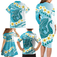 Turquoise Hawaii Shark Tattoo Family Matching Long Sleeve Bodycon Dress and Hawaiian Shirt Frangipani With Polynesian Pastel Version LT14 - Polynesian Pride