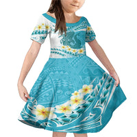 Turquoise Hawaii Shark Tattoo Family Matching Mermaid Dress and Hawaiian Shirt Frangipani With Polynesian Pastel Version LT14 Daughter's Dress Turquoise - Polynesian Pride