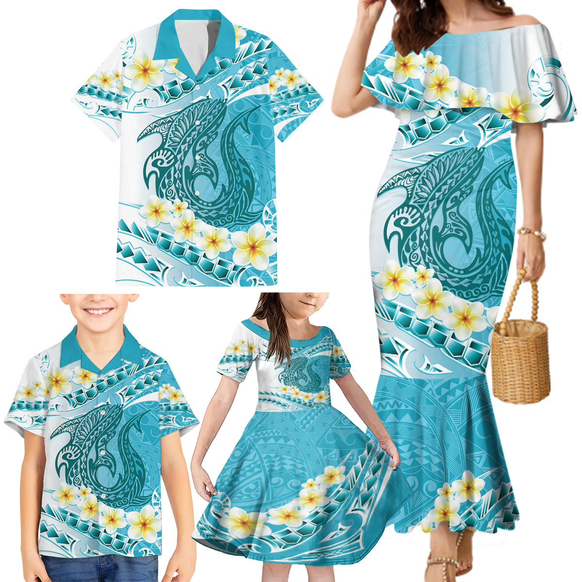Turquoise Hawaii Shark Tattoo Family Matching Mermaid Dress and Hawaiian Shirt Frangipani With Polynesian Pastel Version LT14 - Polynesian Pride