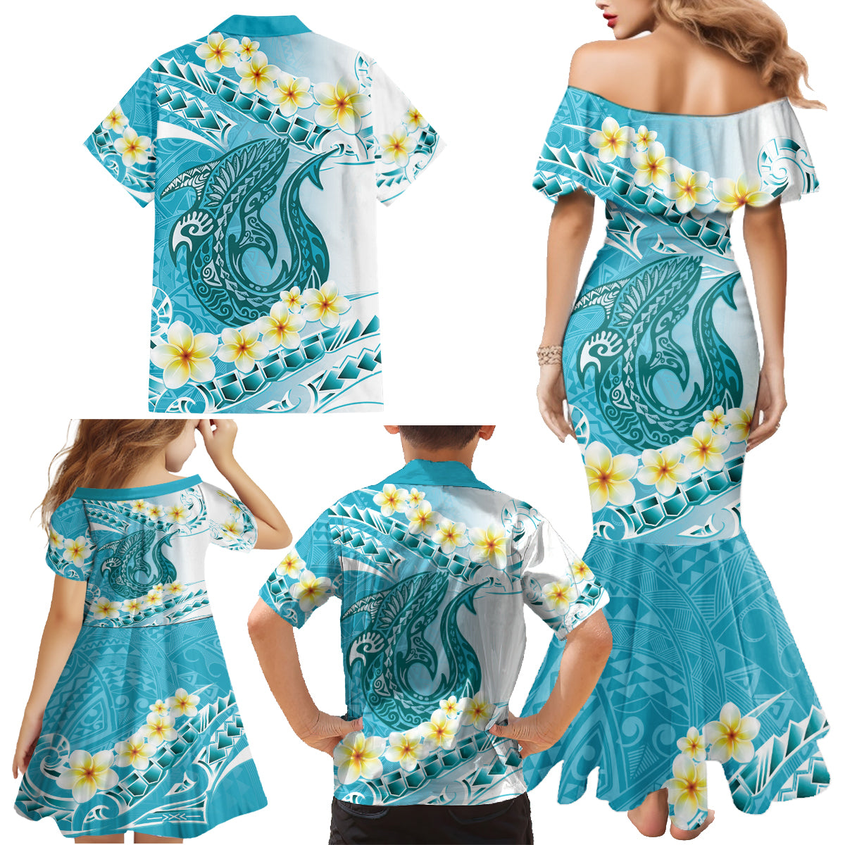 Turquoise Hawaii Shark Tattoo Family Matching Mermaid Dress and Hawaiian Shirt Frangipani With Polynesian Pastel Version LT14 - Polynesian Pride