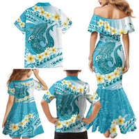 Turquoise Hawaii Shark Tattoo Family Matching Mermaid Dress and Hawaiian Shirt Frangipani With Polynesian Pastel Version LT14 - Polynesian Pride