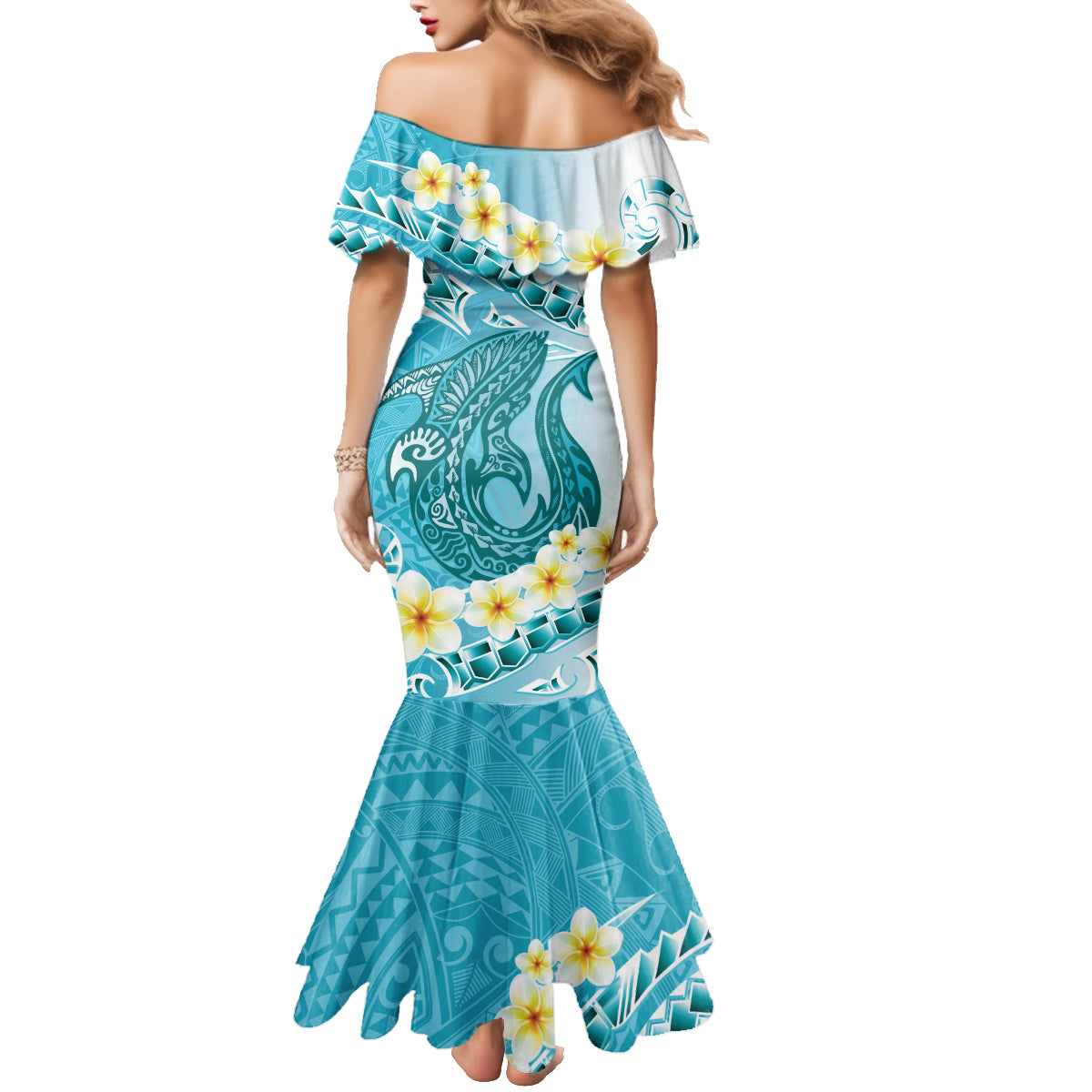 Turquoise Hawaii Shark Tattoo Family Matching Mermaid Dress and Hawaiian Shirt Frangipani With Polynesian Pastel Version LT14 - Polynesian Pride