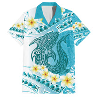 Turquoise Hawaii Shark Tattoo Family Matching Off The Shoulder Long Sleeve Dress and Hawaiian Shirt Frangipani With Polynesian Pastel Version LT14 Dad's Shirt - Short Sleeve Turquoise - Polynesian Pride