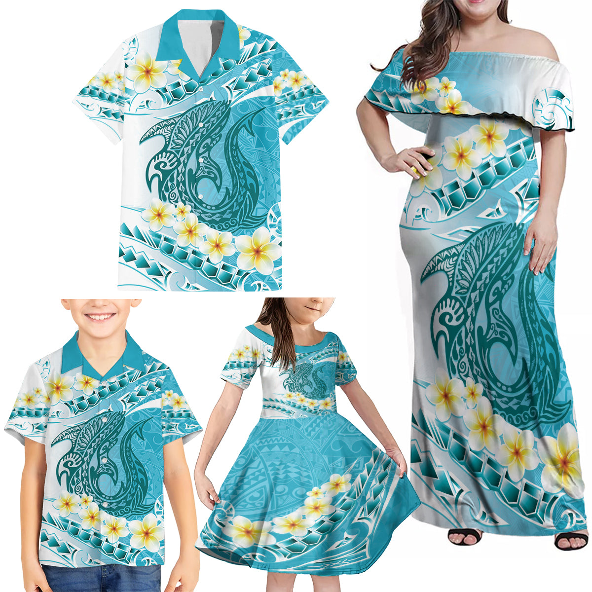 Turquoise Hawaii Shark Tattoo Family Matching Off Shoulder Maxi Dress and Hawaiian Shirt Frangipani With Polynesian Pastel Version LT14 - Polynesian Pride