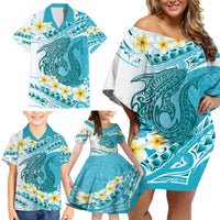 Turquoise Hawaii Shark Tattoo Family Matching Off Shoulder Short Dress and Hawaiian Shirt Frangipani With Polynesian Pastel Version LT14 - Polynesian Pride