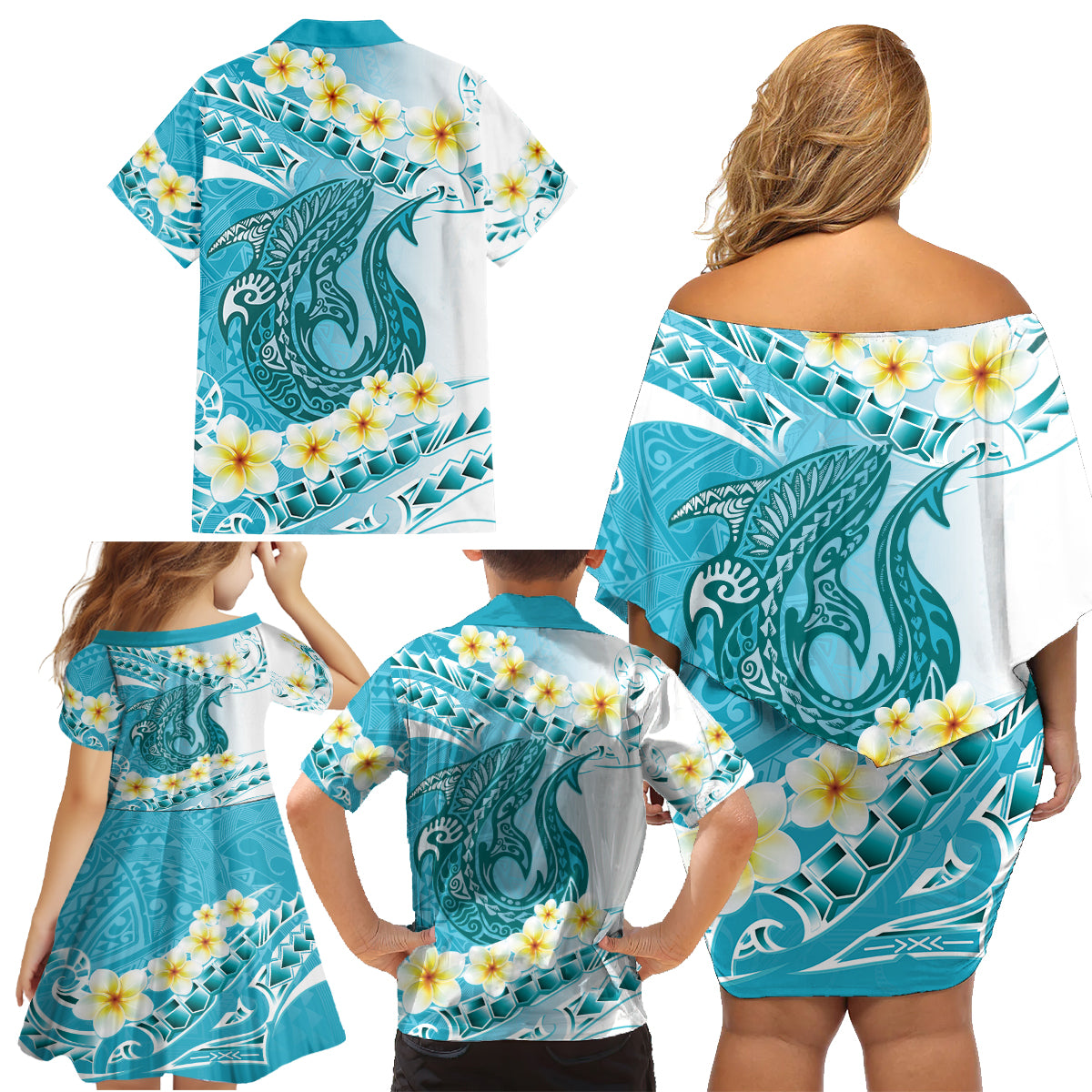 Turquoise Hawaii Shark Tattoo Family Matching Off Shoulder Short Dress and Hawaiian Shirt Frangipani With Polynesian Pastel Version LT14 - Polynesian Pride