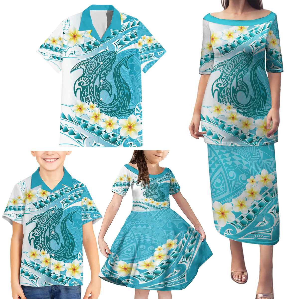 Turquoise Hawaii Shark Tattoo Family Matching Puletasi and Hawaiian Shirt Frangipani With Polynesian Pastel Version LT14 - Polynesian Pride