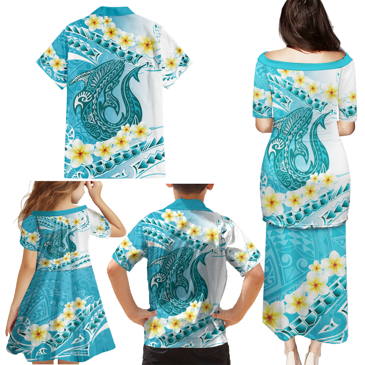 Turquoise Hawaii Shark Tattoo Family Matching Puletasi and Hawaiian Shirt Frangipani With Polynesian Pastel Version LT14 - Polynesian Pride