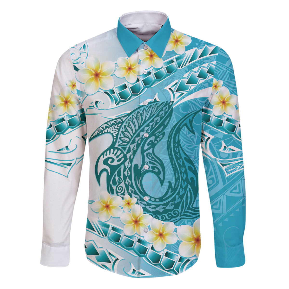 Turquoise Hawaii Shark Tattoo Family Matching Puletasi and Hawaiian Shirt Frangipani With Polynesian Pastel Version LT14 Dad's Shirt - Long Sleeve Turquoise - Polynesian Pride