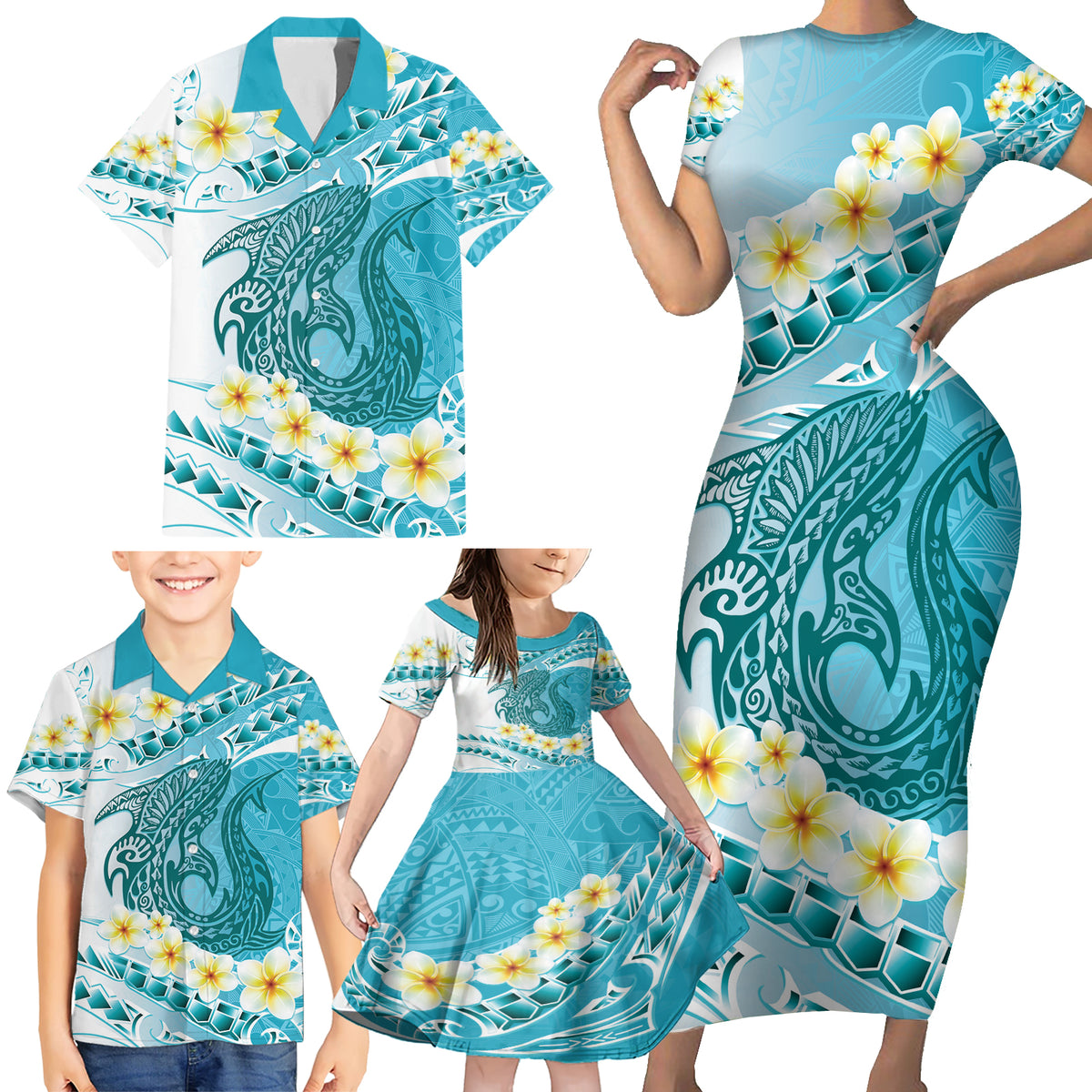 Turquoise Hawaii Shark Tattoo Family Matching Short Sleeve Bodycon Dress and Hawaiian Shirt Frangipani With Polynesian Pastel Version LT14 - Polynesian Pride