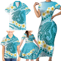 Turquoise Hawaii Shark Tattoo Family Matching Short Sleeve Bodycon Dress and Hawaiian Shirt Frangipani With Polynesian Pastel Version LT14 - Polynesian Pride