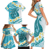 Turquoise Hawaii Shark Tattoo Family Matching Short Sleeve Bodycon Dress and Hawaiian Shirt Frangipani With Polynesian Pastel Version LT14 - Polynesian Pride