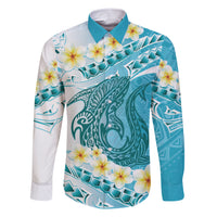 Turquoise Hawaii Shark Tattoo Family Matching Short Sleeve Bodycon Dress and Hawaiian Shirt Frangipani With Polynesian Pastel Version LT14 Dad's Shirt - Long Sleeve Turquoise - Polynesian Pride