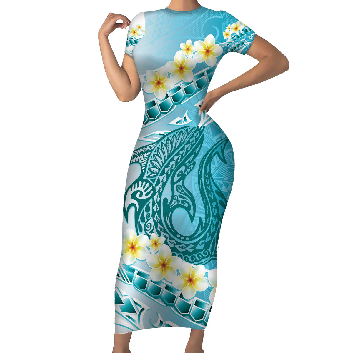 Turquoise Hawaii Shark Tattoo Family Matching Short Sleeve Bodycon Dress and Hawaiian Shirt Frangipani With Polynesian Pastel Version LT14 Mom's Dress Turquoise - Polynesian Pride