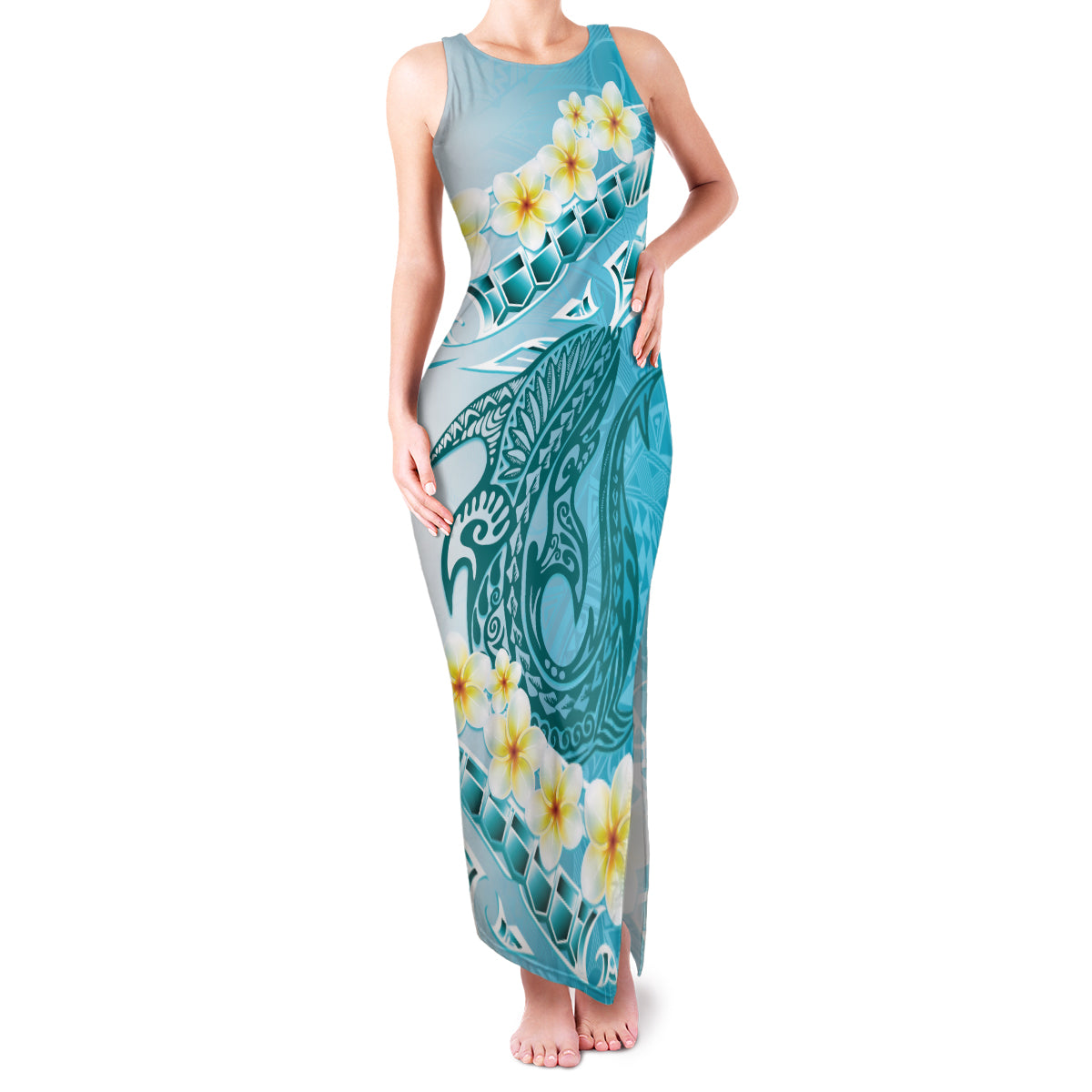 Turquoise Hawaii Shark Tattoo Family Matching Tank Maxi Dress and Hawaiian Shirt Frangipani With Polynesian Pastel Version LT14 Mom's Dress Turquoise - Polynesian Pride