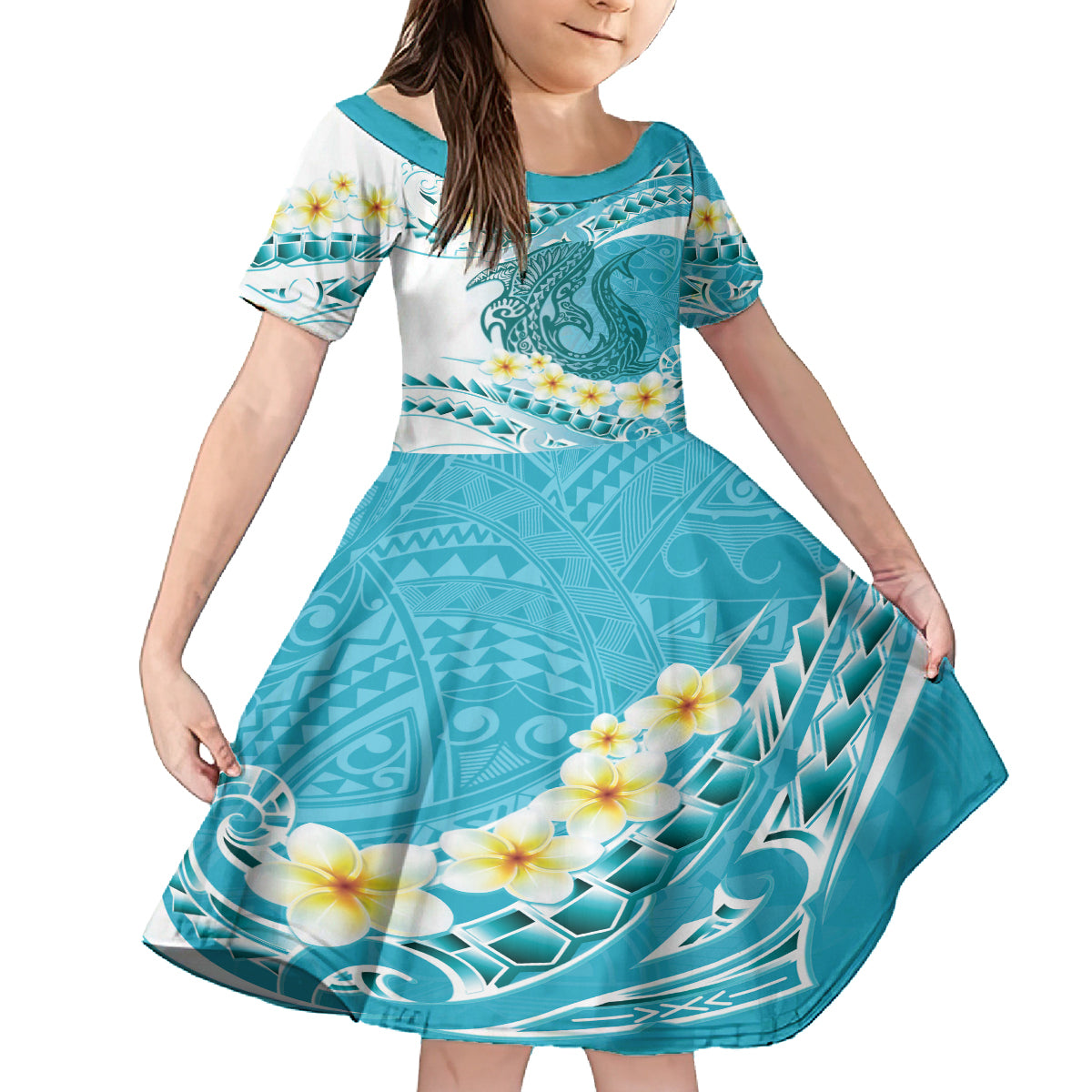 Turquoise Hawaii Shark Tattoo Kid Short Sleeve Dress Frangipani With Polynesian Pastel Version LT14 KID Turquoise - Polynesian Pride
