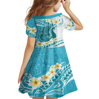 Turquoise Hawaii Shark Tattoo Kid Short Sleeve Dress Frangipani With Polynesian Pastel Version LT14 - Polynesian Pride