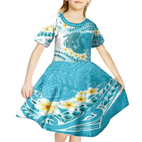 Turquoise Hawaii Shark Tattoo Kid Short Sleeve Dress Frangipani With Polynesian Pastel Version LT14 - Polynesian Pride