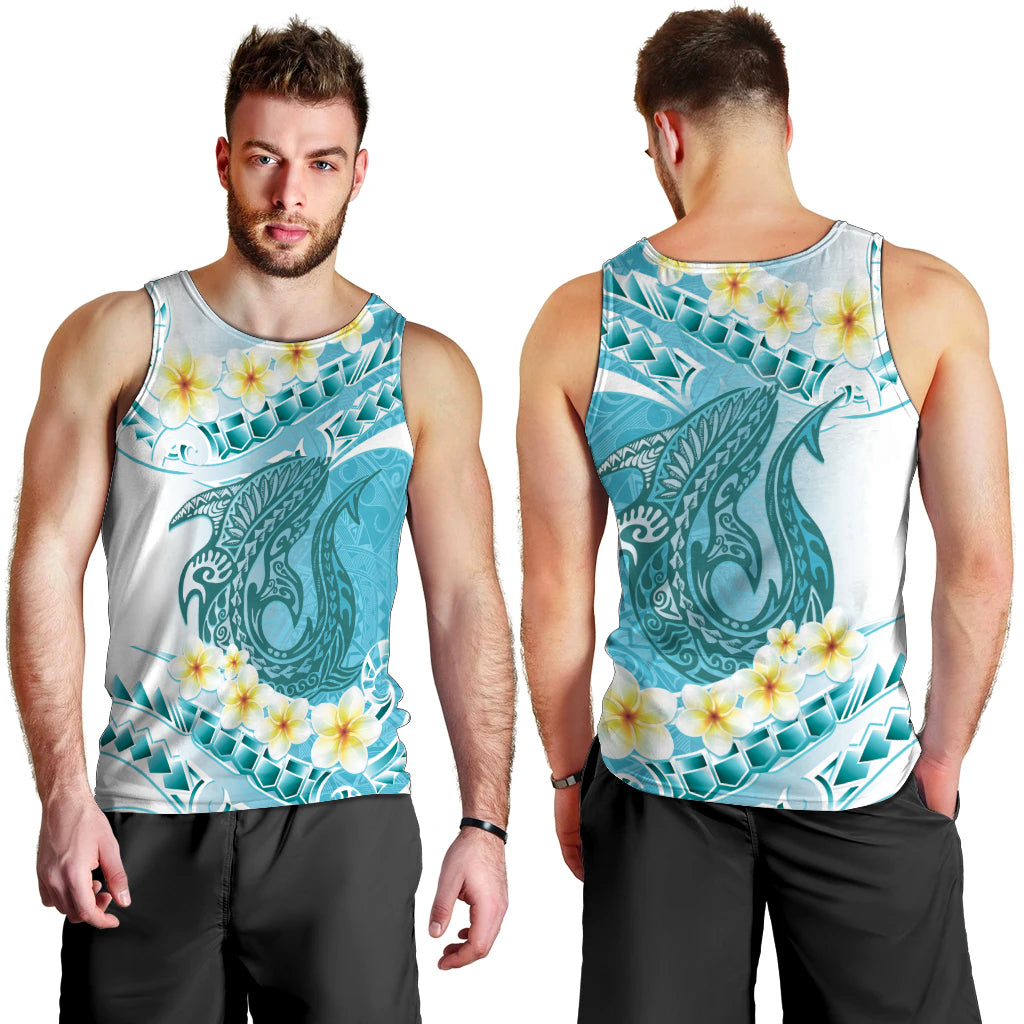 Turquoise Hawaii Shark Tattoo Men Tank Top Frangipani With Polynesian Pastel Version
