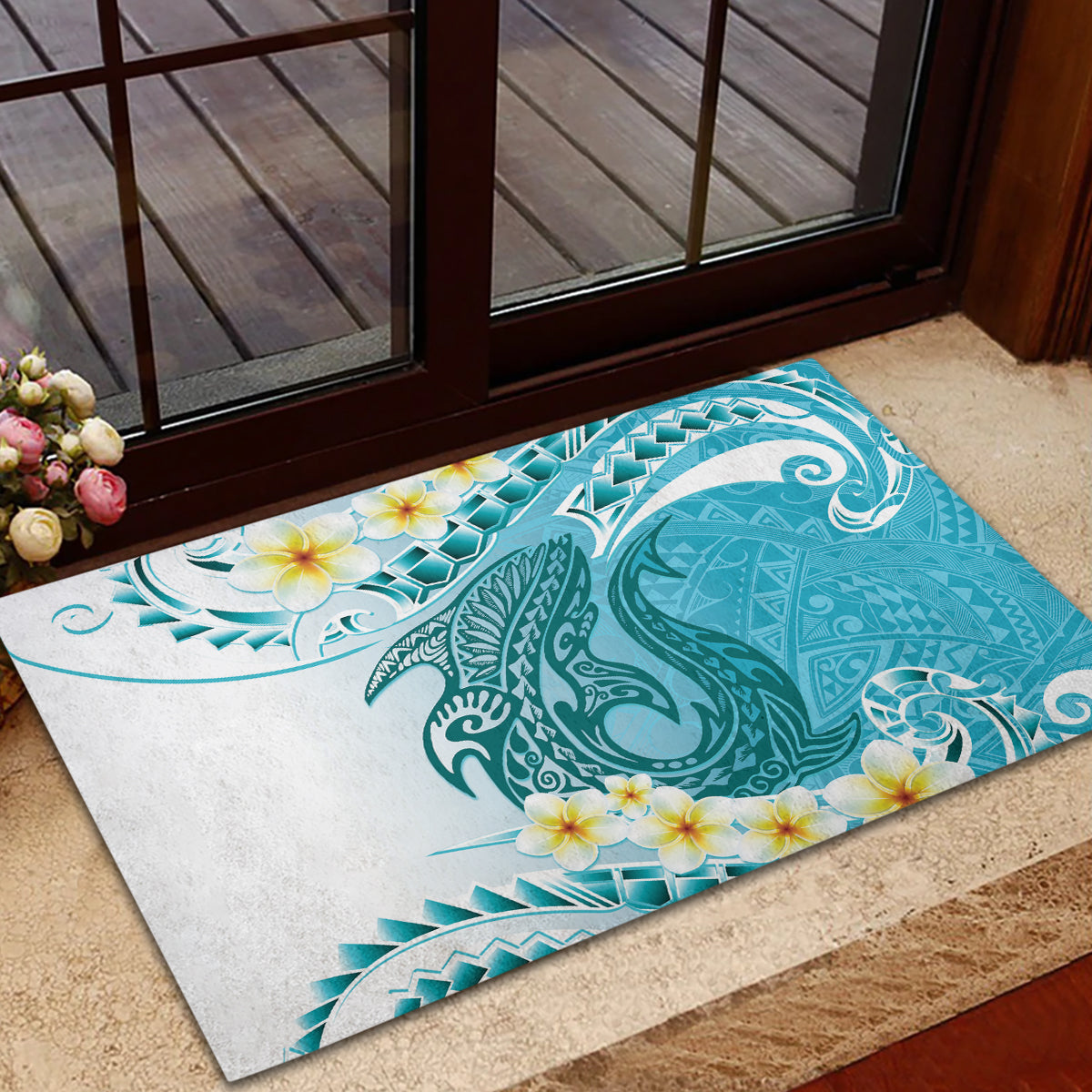 Turquoise Hawaii Shark Tattoo Rubber Doormat Frangipani With Polynesian Pastel Version