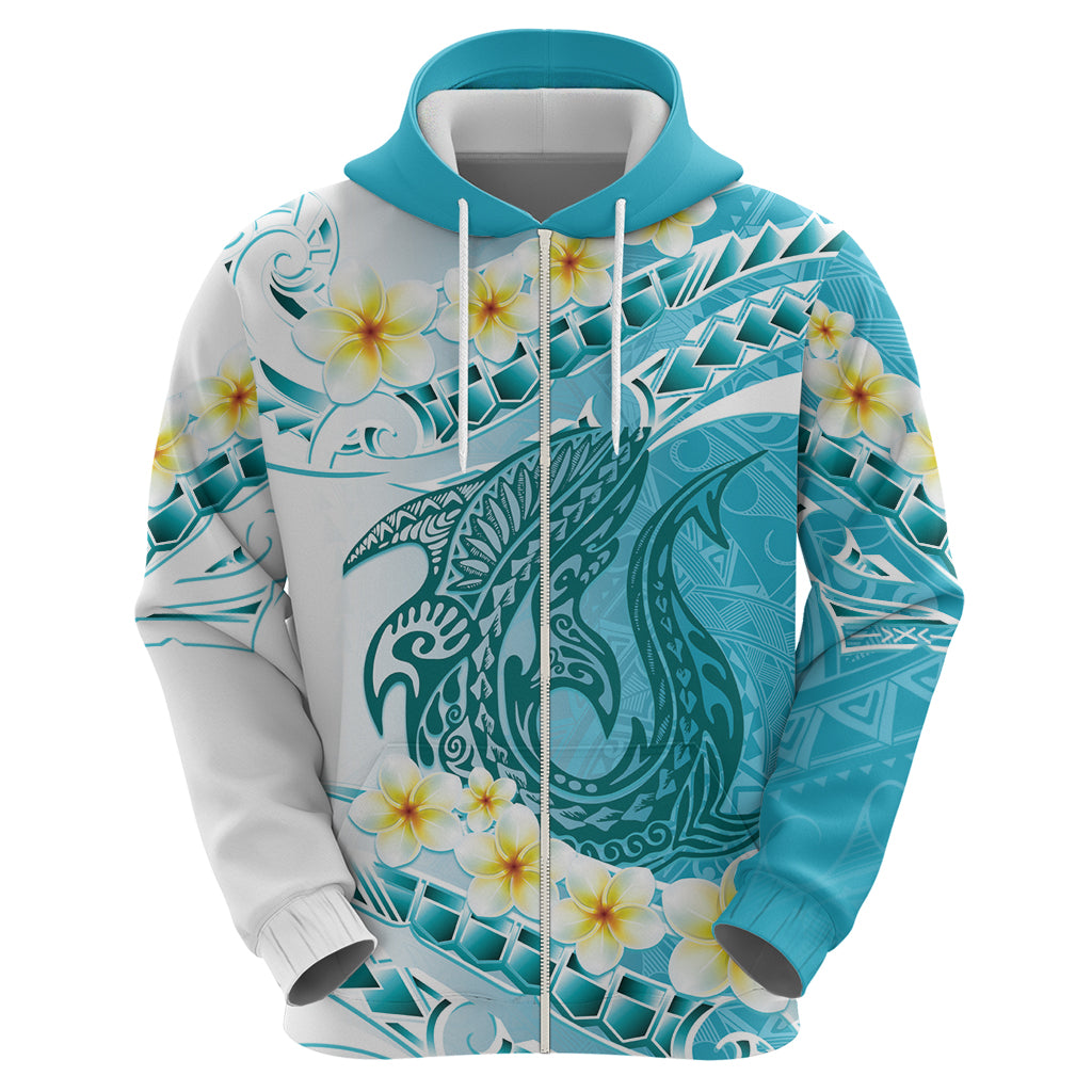 Turquoise Hawaii Shark Tattoo Zip Hoodie Frangipani With Polynesian Pastel Version