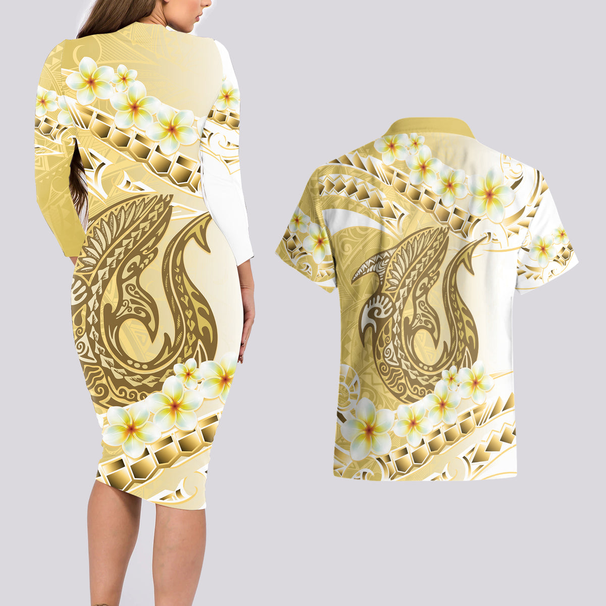 Gold Hawaii Shark Tattoo Couples Matching Long Sleeve Bodycon Dress and Hawaiian Shirt Frangipani With Polynesian Pastel Version LT14 - Polynesian Pride