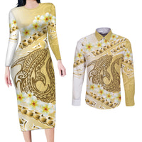 Gold Hawaii Shark Tattoo Couples Matching Long Sleeve Bodycon Dress and Long Sleeve Button Shirt Frangipani With Polynesian Pastel Version LT14 Gold - Polynesian Pride
