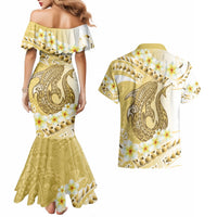 Gold Hawaii Shark Tattoo Couples Matching Mermaid Dress and Hawaiian Shirt Frangipani With Polynesian Pastel Version LT14 - Polynesian Pride