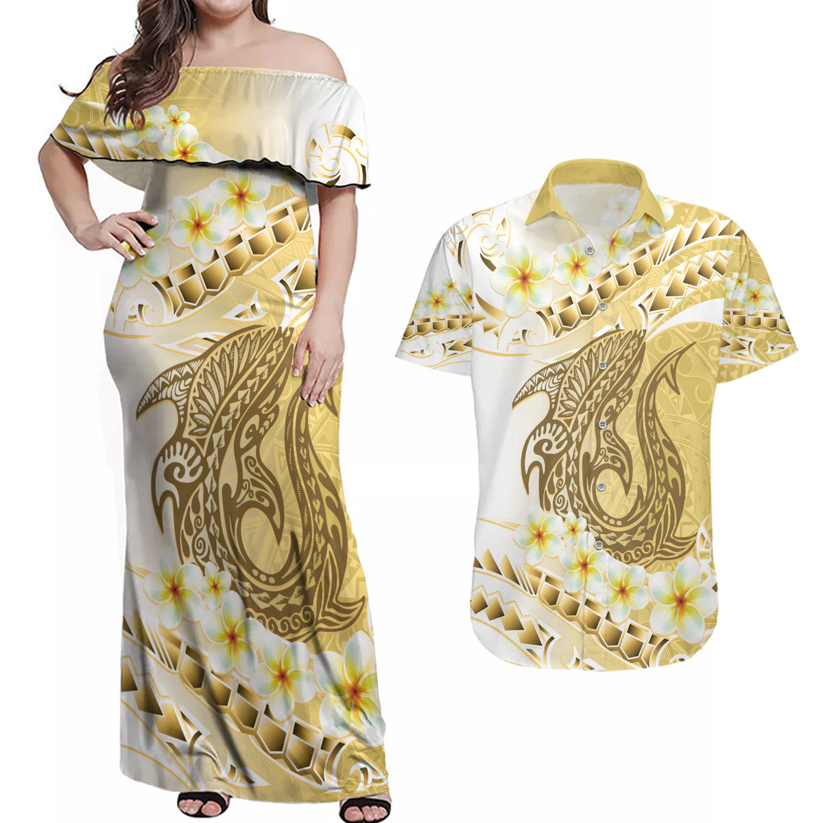 Gold Hawaii Shark Tattoo Couples Matching Off Shoulder Maxi Dress and Hawaiian Shirt Frangipani With Polynesian Pastel Version LT14 Gold - Polynesian Pride