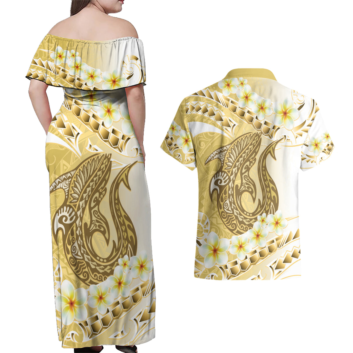 Gold Hawaii Shark Tattoo Couples Matching Off Shoulder Maxi Dress and Hawaiian Shirt Frangipani With Polynesian Pastel Version LT14 - Polynesian Pride